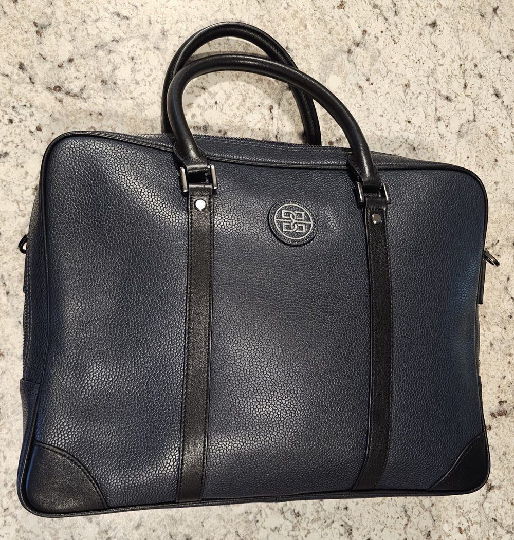 Bolvaint Cabot Leather Briefcase Travel Bag Zip-Around Carry Handle Navy/Black